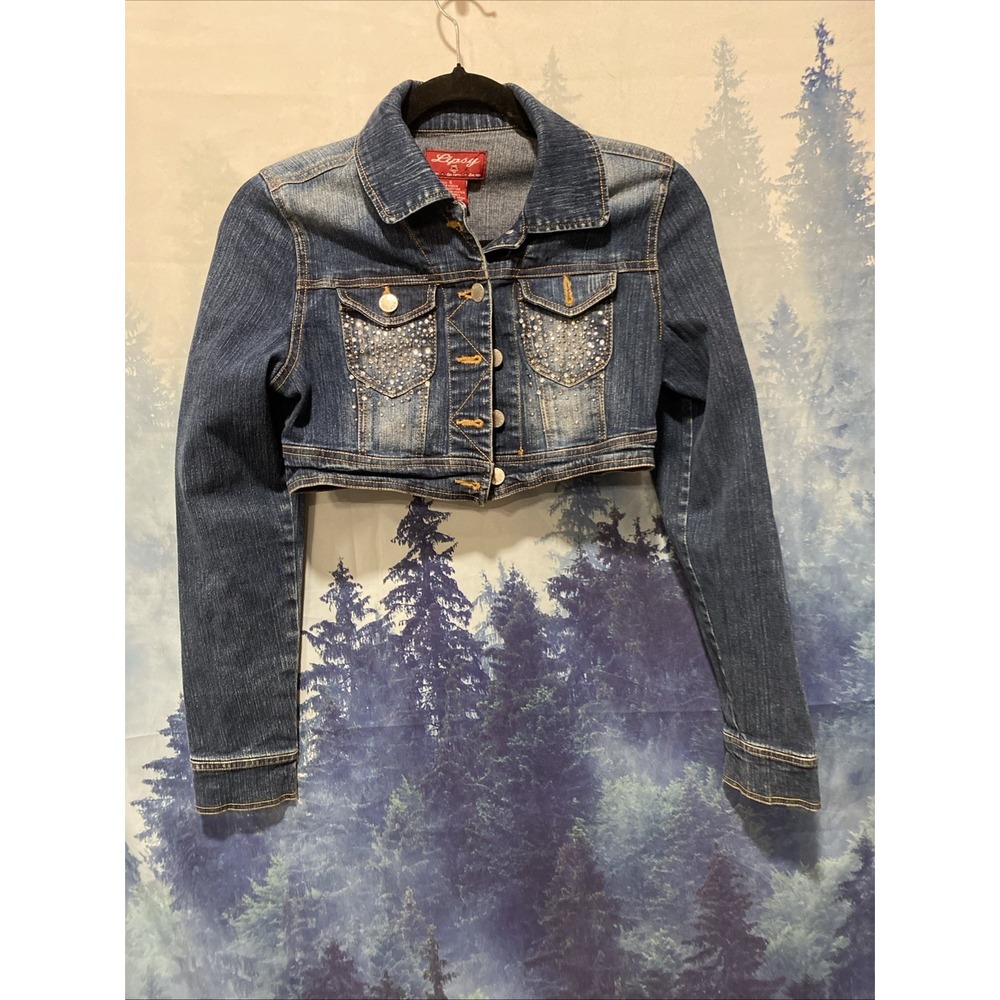 Lipsy Womens Cropped Denim Jacket Rhinestone Embellished Blue Size Small